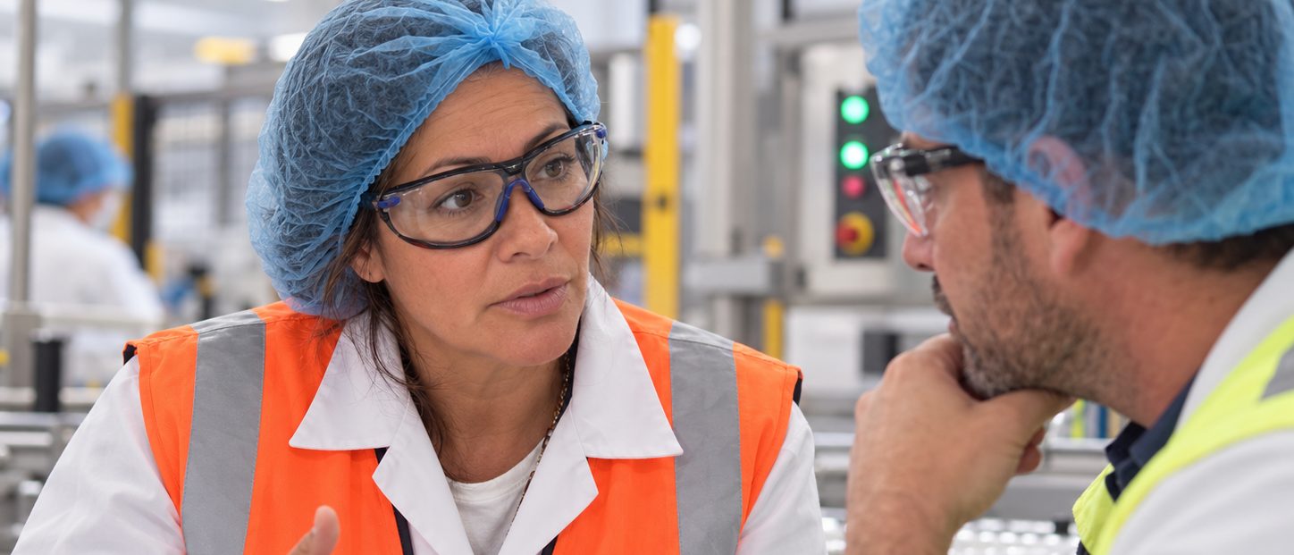 Conversación con un equipo en planta de producción